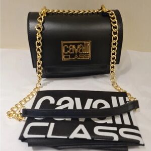 Cavalli Class Black Crossbody Bag with Gold Chain